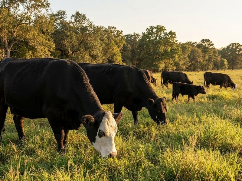 A group of black cows grazing in a grassy field bordered by trees.